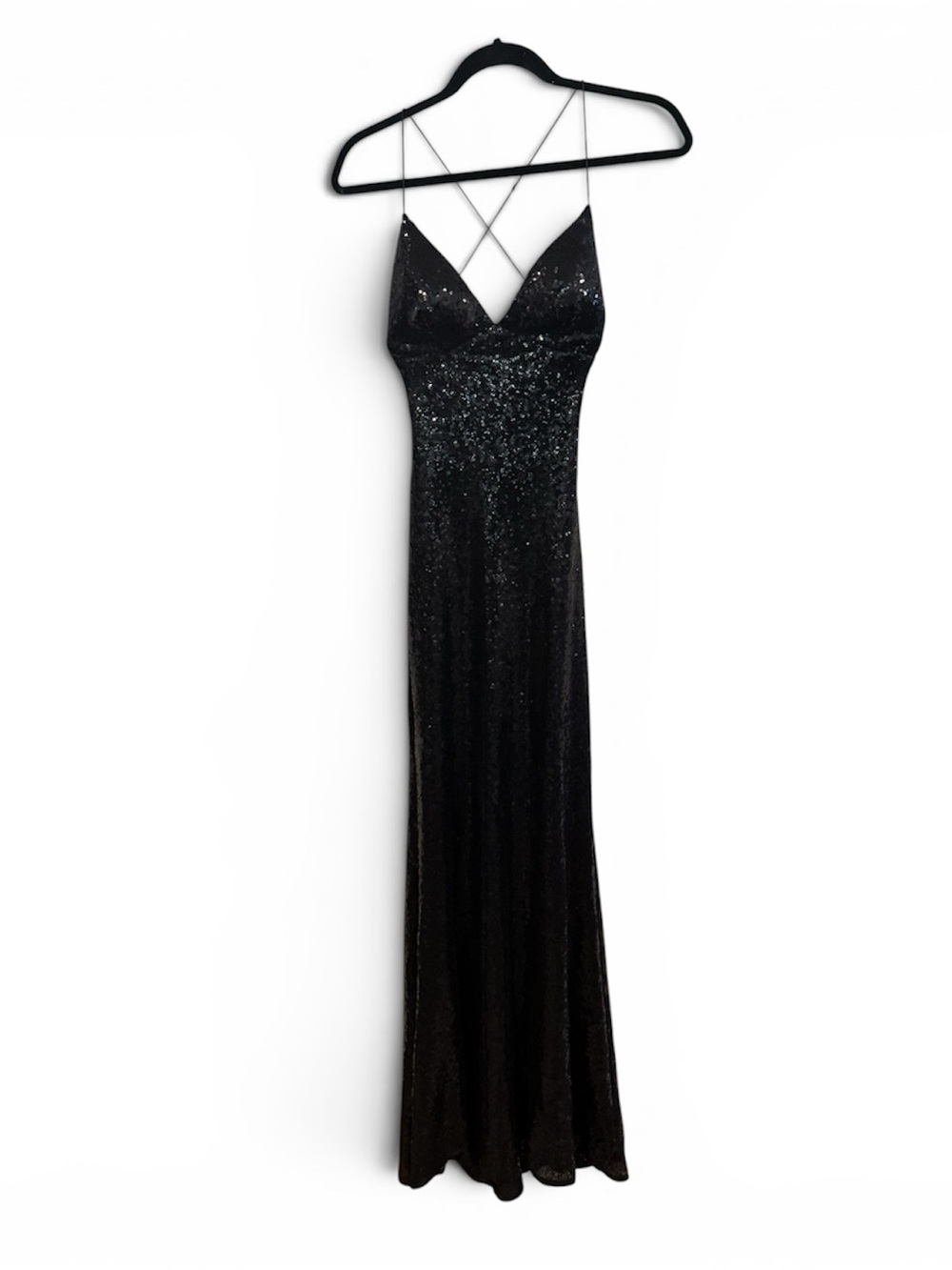B Darlin Black Sequin Crisscross Strap Maxi Dress